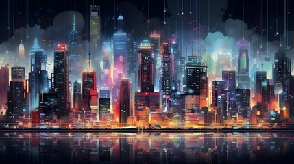 Night city panorama with skyscrapers and lights. Vector illustration