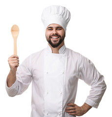 Happy young chef in uniform holding wooden spoon on white background