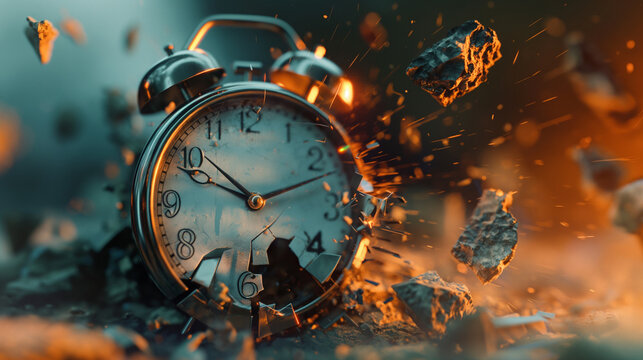 Exploding Time Concept - 3D Shattered Clock Illustration