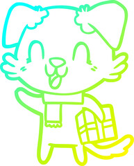 cold gradient line drawing of a laughing cartoon dog with christmas present