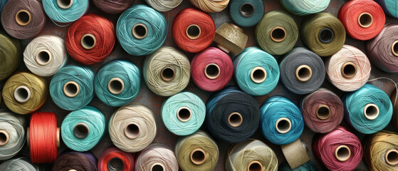 Fototapeta premium A panoramic view of textile spools with earthy tones, hinting at natural fiber work and rustic design inspiration.
