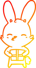 warm gradient line drawing of a curious bunny cartoon with present