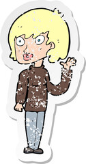 retro distressed sticker of a cartoon waving woman
