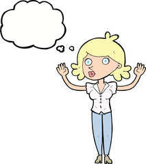 cartoon woman surrendering with thought bubble
