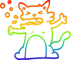 rainbow gradient line drawing of a cartoon hiccuping cat