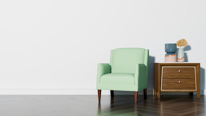 a green chair sitting next to a wooden table