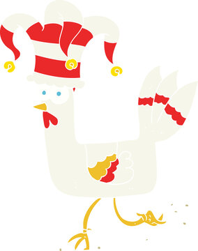 flat color illustration of chicken running in funny hat
