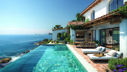 Fototapeta na wymiar A high-quality rendering of an elegant, Spanish style villa with a blue pool overlooking the ocean. The combination of natural and modern architecture. Created with Ai