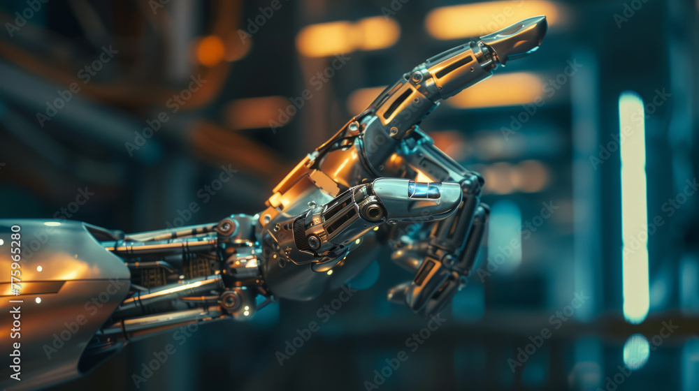Poster an illustration of a robotic arm skilled in performing precise and delicate tasks in a technological