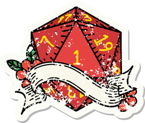 grunge sticker of a natural one d20 dice roll
