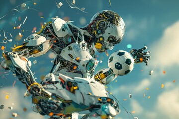 A highly detailed robot holding a soccer ball, with dynamic pose and colorful confetti.