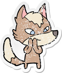 distressed sticker of a friendly cartoon wolf