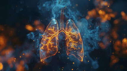 Digital illustration of human lungs with intricate bronchi highlighted, set against a dark backdrop, depicting respiratory health.
