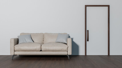 a couch sitting in a room next to a door - obrazy, fototapety, plakaty