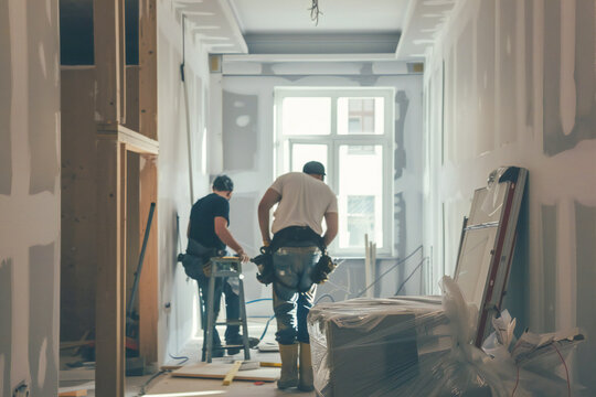Rear view of the professional interior renovation crew in the appartement