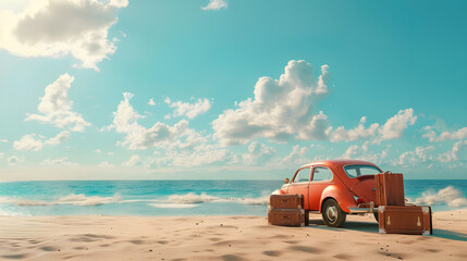 Summer vibes Car parked on beach with suitcases - Ai Generated