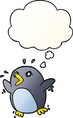 cartoon frightened penguin with thought bubble in smooth gradient style
