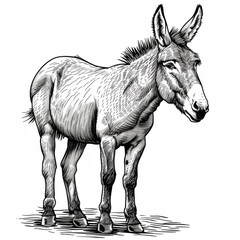 Black and white ink sketch of a standing donkey, finely detailed, showing textured fur and a calm expression.