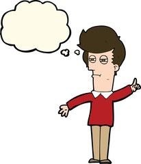 cartoon man narrowing eyes with thought bubble