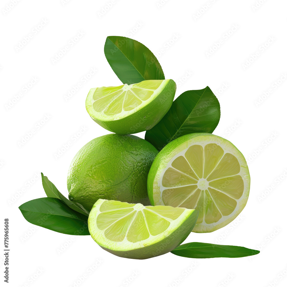 Poster three limes and two lime slices on a transparent background