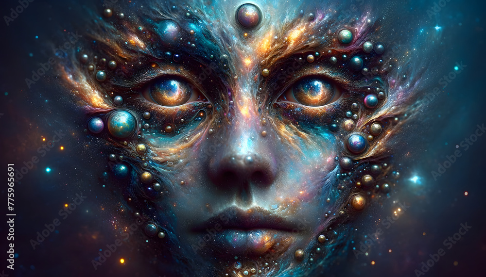 Poster an otherworldly image of a face with intricate details that resemble celestial bodies and cosmic phe