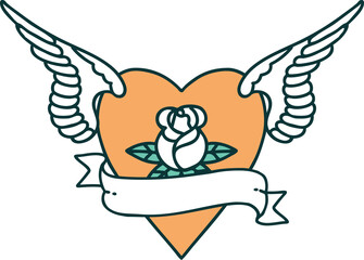 Fototapeta premium iconic tattoo style image of heart with wings a rose and banner
