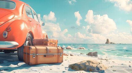 Summer vibes Car parked on beach with suitcases - Ai Generated