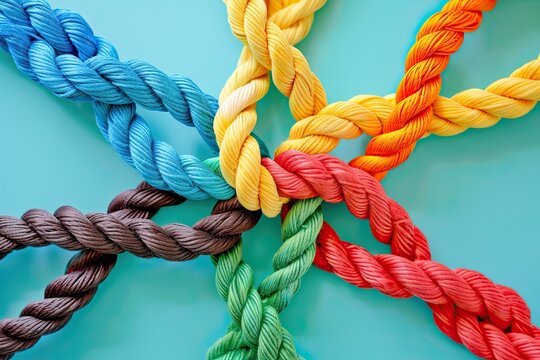 problem solution team work concept, colored rope knot picture. background