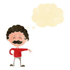 cartoon man making camp gesture with thought bubble