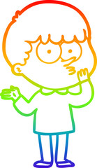 rainbow gradient line drawing of a cartoon curious boy