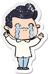 distressed sticker of a cartoon man crying