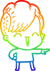 rainbow gradient line drawing of a cartoon happy hipster girl