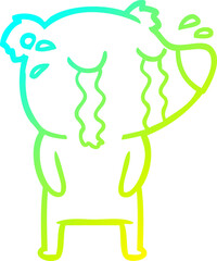 cold gradient line drawing of a cartoon crying bear