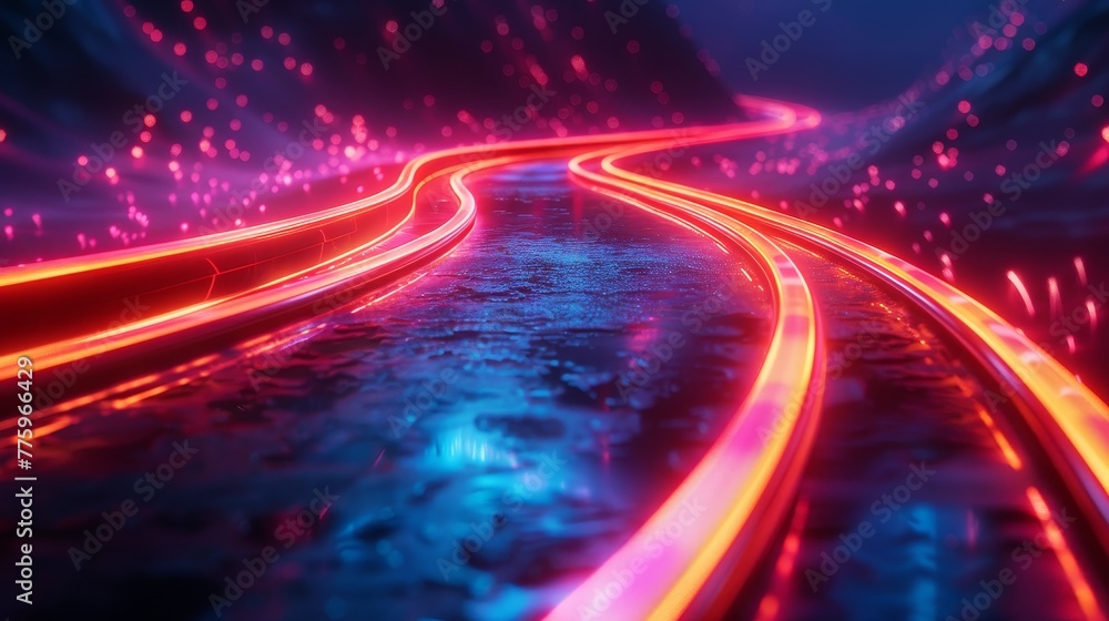 Poster 3d render abstract background with neon light lines speed, in the style of neon red and neon cyan