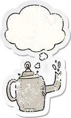 cartoon old kettle with thought bubble as a distressed worn sticker