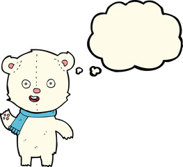 cartoon waving polar bear cub with scarf with thought bubble
