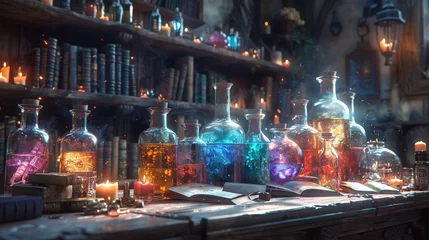 Foto op Plexiglas Medieval Alchemist: Capture the mystique of an alchemist's laboratory with potions, scrolls, and arcane symbols to depict medieval science and magic  © Nico