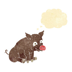 cartoon happy pig with thought bubble