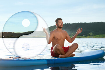 Man meditating on SUP board on river at sunset. Yin and yang symbol
