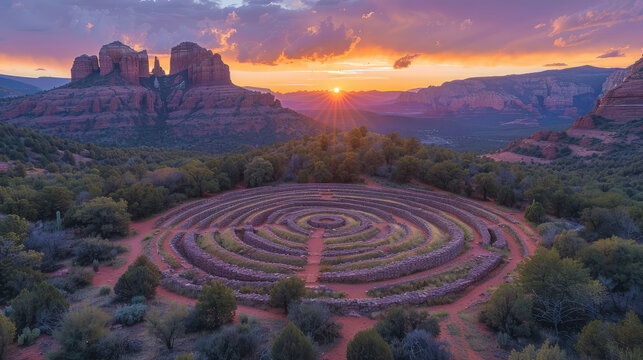 Drone photo of the labyrinth at Sedona, Arizona with sun setting behind it and red rocks in background. Created with Ai