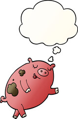 cartoon dancing pig with thought bubble in smooth gradient style