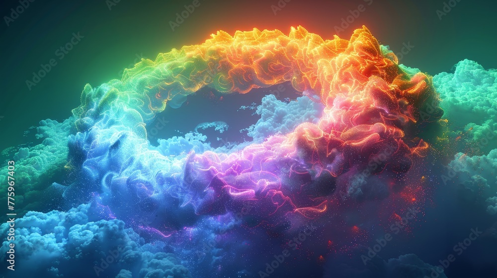 Poster 3d render of a colorful cloud with glowing neon in the shape of a torus