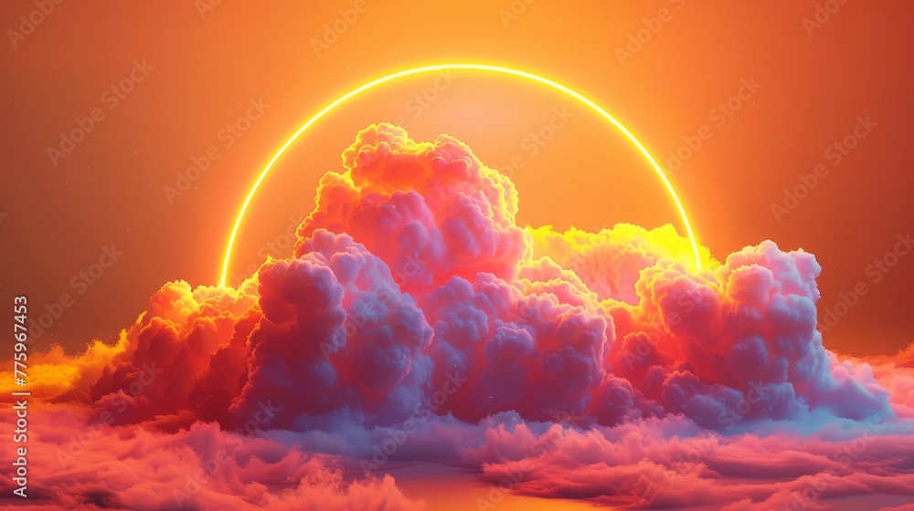 Poster 3d render of a colorful cloud with glowing neon in the shape of a cylinder