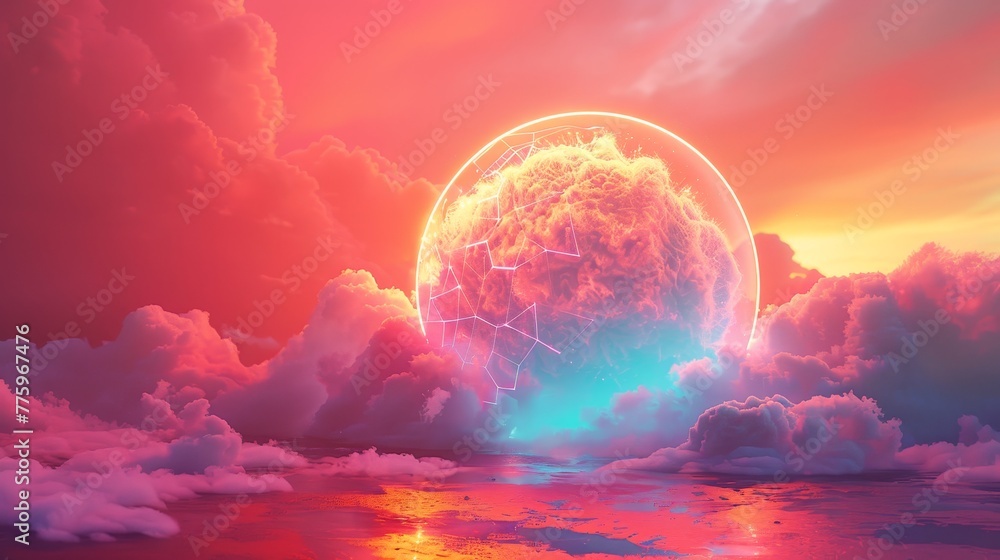 Poster 3d render of a colorful cloud with glowing neon in the shape of a sphere