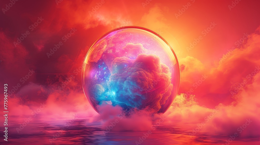 Poster 3d render of a colorful cloud with glowing neon in the shape of a sphere