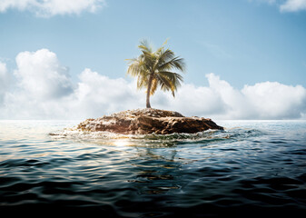 One Palm Tree Stands Alone on a Tiny Tropical Island in Vast Ocean Expanse.
