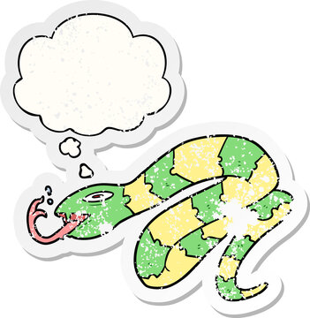 cartoon hissing snake with thought bubble as a distressed worn sticker