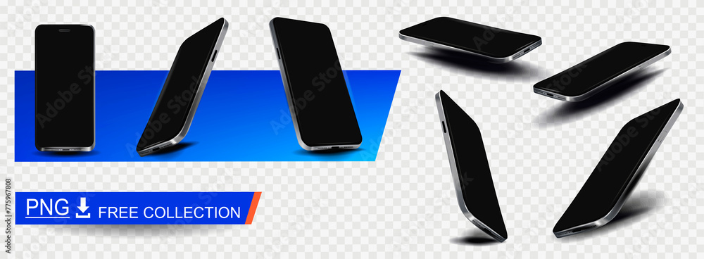 Poster stylish set of modern smartphones of a new model with blank screen on transparent background. free c
