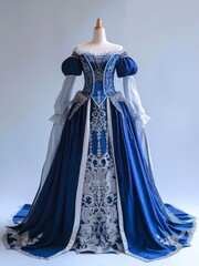 Blue medieval female dress decorated with white lace on a mannequin.