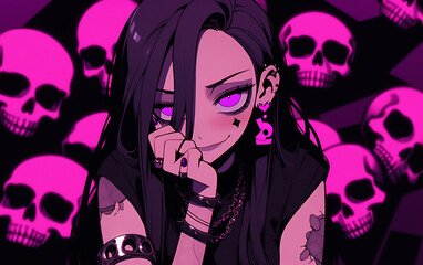 Crazy cyberpunk anime girl  zombie digital painting. demon woman evil dark Halloween theme. generative ai	